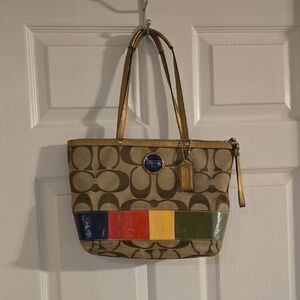 Coach Brown and Multicolor Stripe Tote Khaki Canvas Gold Leather Trim 14 X 10
